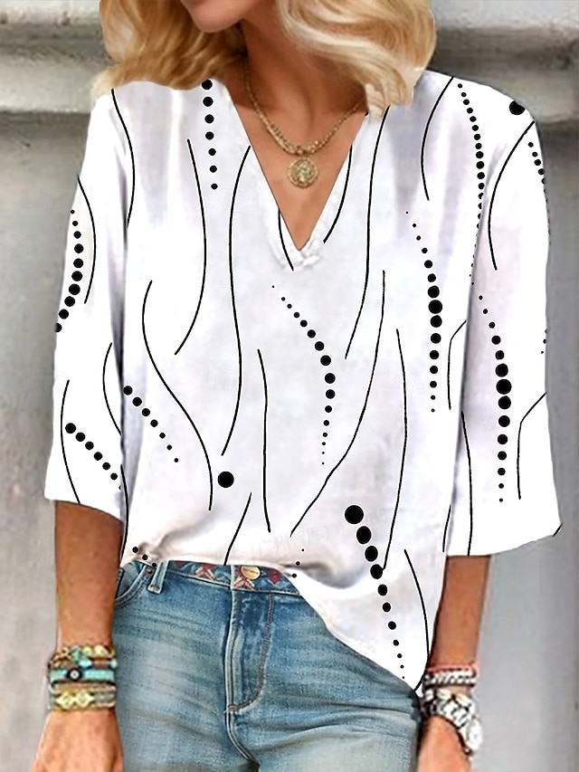  Dames Blouse Grafisch Stip Abstract Elegant Vintage Stijlvol 3/4 mouw V-hals Normale tops Dagelijks Uitgaan Afdrukken Wit Lichtgroen Blozend Roze Licht Blauw Zomer Lente Herfst
