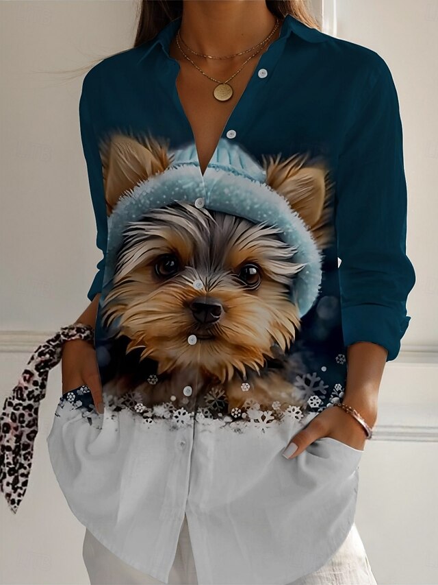 Women's Shirt Dog Active Daily Stylish Long Sleeve Shirt Collar Regular Tops Daily Holiday Buttons Print Blue Spring Fall4