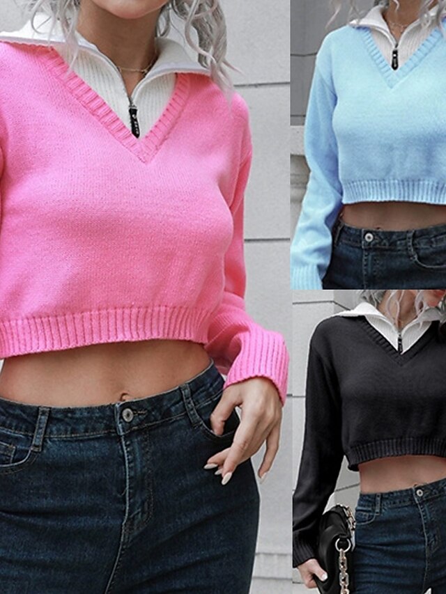 Women's Pullover Casual Color Block Chunky Shirt Collar Knitted Long