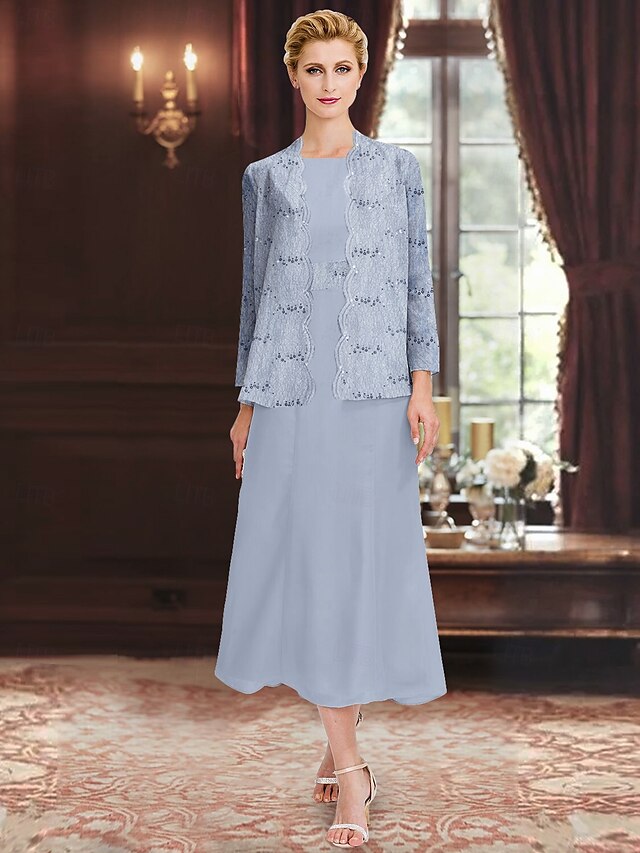  Abito da sposa in due pezzi con paillettes e pizzo, elegante, semplice e lussuoso, in chiffon, con scollo a barca, lunghezza midi, senza maniche, con giacca a maniche lunghe 2025