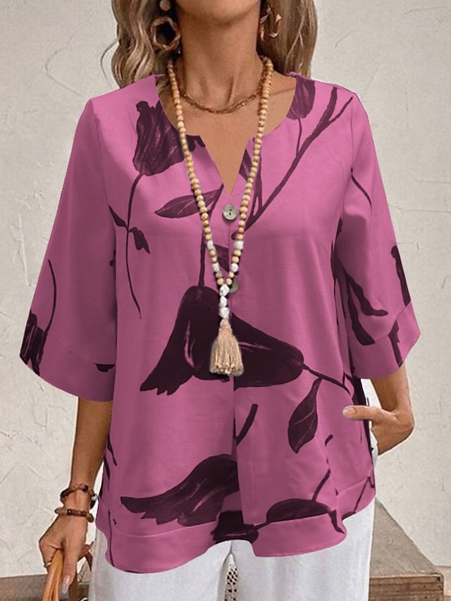  Femmes Chemise Fleuri Élégant Moderne Manche 3/4 Col en V Hauts Réguliers Quotidien Fête Imprimé Blanche Jaune Rouge Violet Bleu clair Été