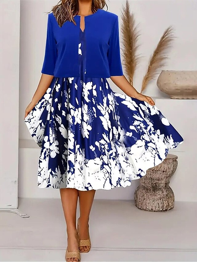 Women's Two Piece Dress Sets Midi Dress with Jacket Elegant A Line Dress Half Sleeve Casual Semi Formal Ombre Floral Print Crew Neck Date Royal Blue Regular Fit4