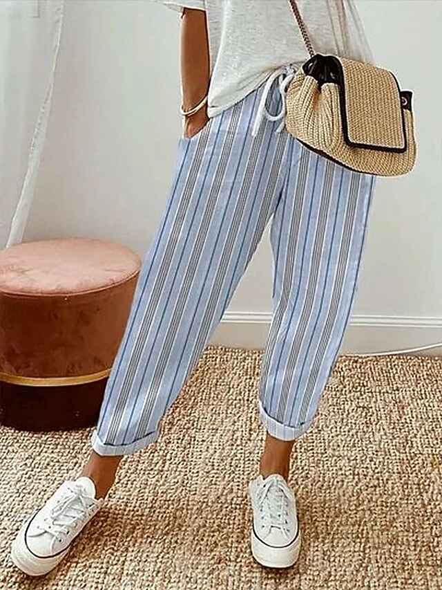 Women's Chinos Vacation Vintage Ethnic Style Ankle-Length High Waist Graphic Stripe Striped Pocket Soft Outdoor Breathable Inelastic Vacation Street Causal Light Blue Summer Spring Fall Loose Fit4