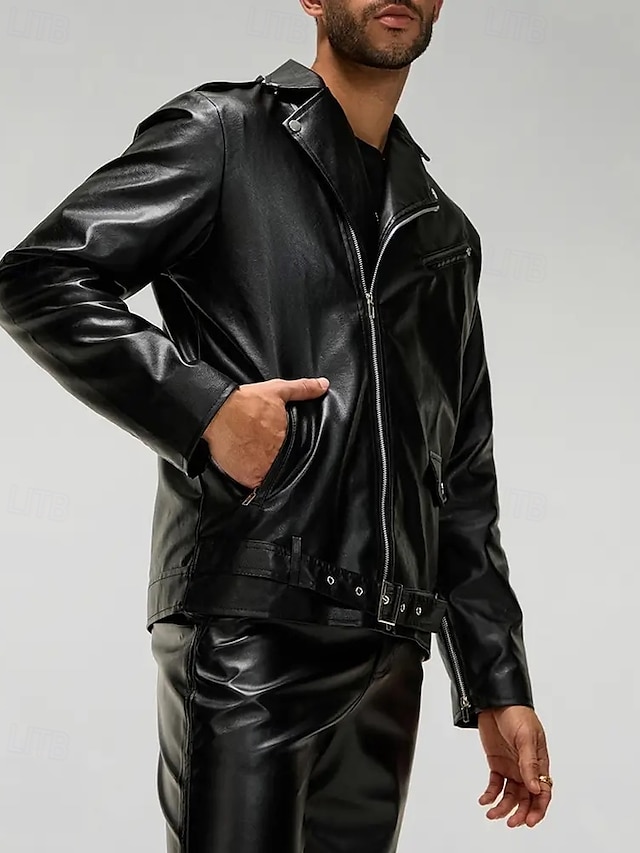  Herren Kunstlederjacke Bikerjacke Motorradjacke Urlaub Täglich Winddicht Warm Tasche Herbst Winter Einfach Mode Klassisch Revers Regulär Schwarz Jacken