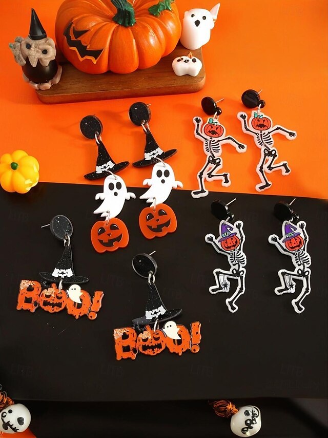  Halloween-øredobber i akryl til dame – lett spøkelseshatt, gresskarhatt og heksehatt &Skjelettdesign for tenåringer og voksne, perfekt for Halloween-kostymer og festtilbehør