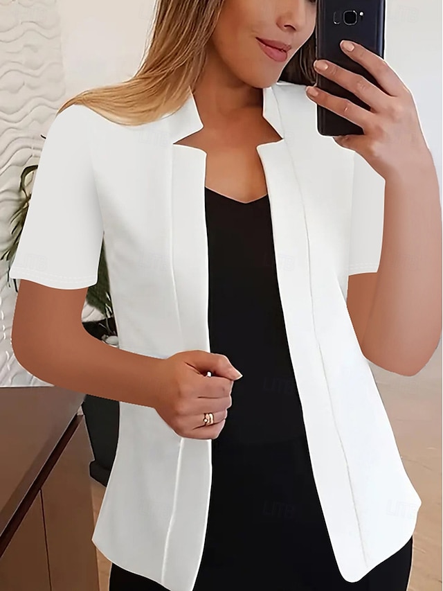  Women's Blazer Comfortable Breathable Slim Fit Fashion Modern Plain Work Daily Regular Stand Collar Regular Fit Short Sleeves Outerwear Black White Yellow Summer
