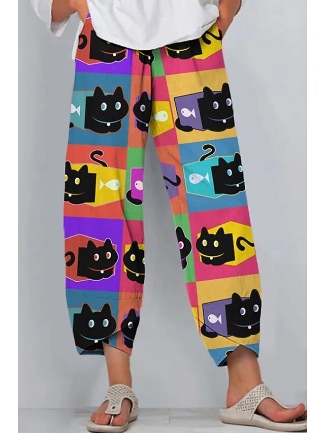 Women's Slacks Vacation Vintage Ethnic Style Ankle-Length High Waist Graphic Animal Cat Elastic Waistband Comfy Breathability Soft Inelastic Outdoor Street Daily Black Brown Summer Spring Loose Fit3