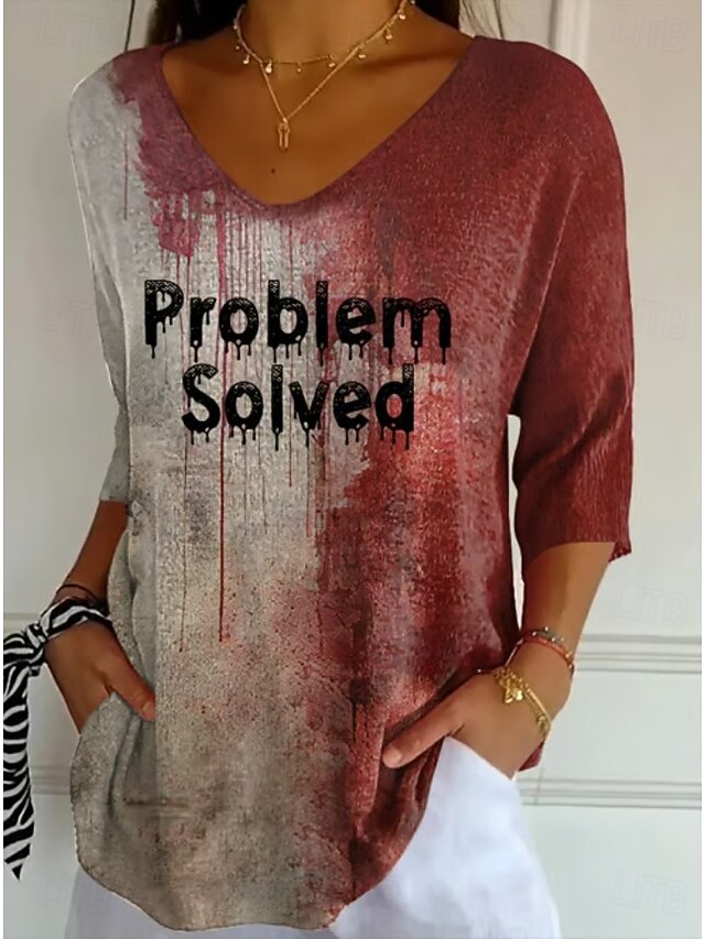 Halloween Women's Bloody Problem Solved Graphic 3/4 Length Sleeve V Neck Regular Tops Daily Club Uniforms Cute Outfits Red Summer Spring Fall3