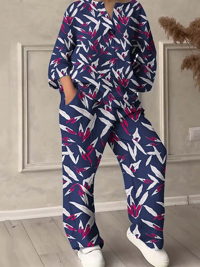 Women's Active Fashion Pants Sets Long Sleeve V Neck Graphic Print Vacation Daily Holiday Blue Summer Regular Fit4