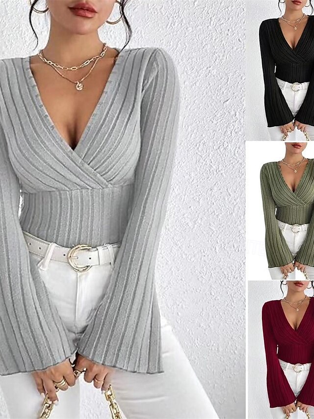  Damen T Shirt Einfach Mode Modern Langarm V Ausschnitt Normale Oberteile Täglich Tunika Schwarz Armeegrün Grau Sommer