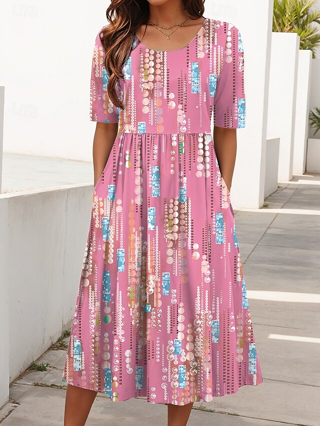  Damen Midikleid Sommerkleid Faltenkleid Urlaub Lässig Ferien Normale Passform Grafik Geometrisch Abstrakt Halbarm Rundhalsausschnitt Rosa Blau Grün Sommer Frühling