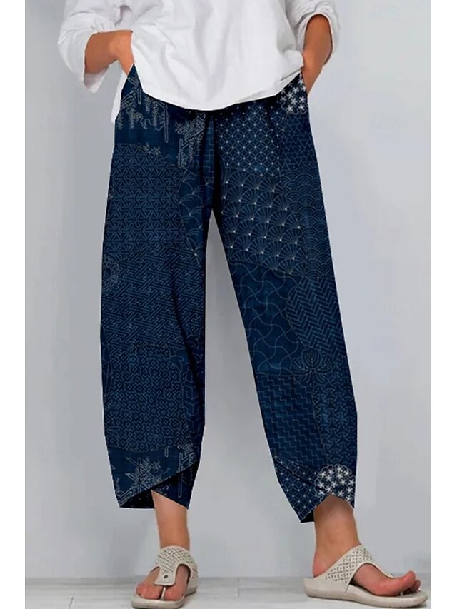 Women's Slacks Vacation Vintage Ethnic Style Full Length High Waist Floral Graphic Geometic Elastic Waistband Comfy Breathability Soft High Elasticity Outdoor Street Daily Navy Blue Blue Purple4