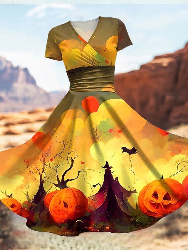 Halloween Women's Midi Dress A Line Dress Summer Dress Fit And Flare Dress Party Casual Daily Holiday Regular Fit Graphic Abstract Short Sleeve V Neck Yellow Orange Green Summer3