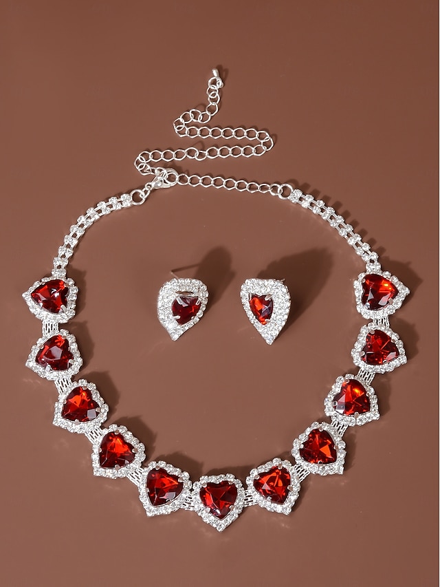  Conjunto de colar e brincos de cristal com coração vermelho para mulheres - joias elegantes banhadas a prata para casamentos, festas e eventos formais
