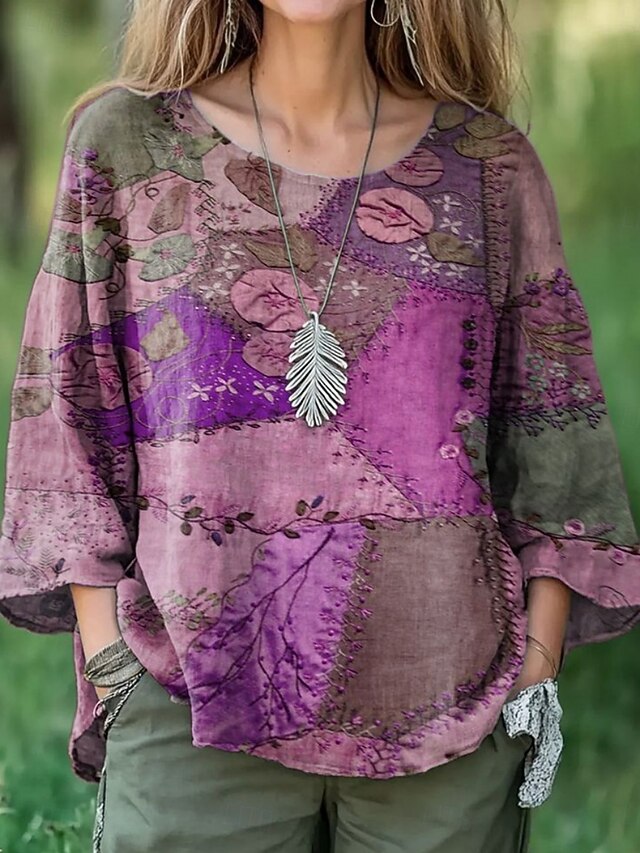 Women's Blouse Floral Retro Vintage Ethnic 3/4 Length Sleeve Crew Neck Regular Tops Daily Holiday Print Blue Purple Brown Summer Spring Fall4