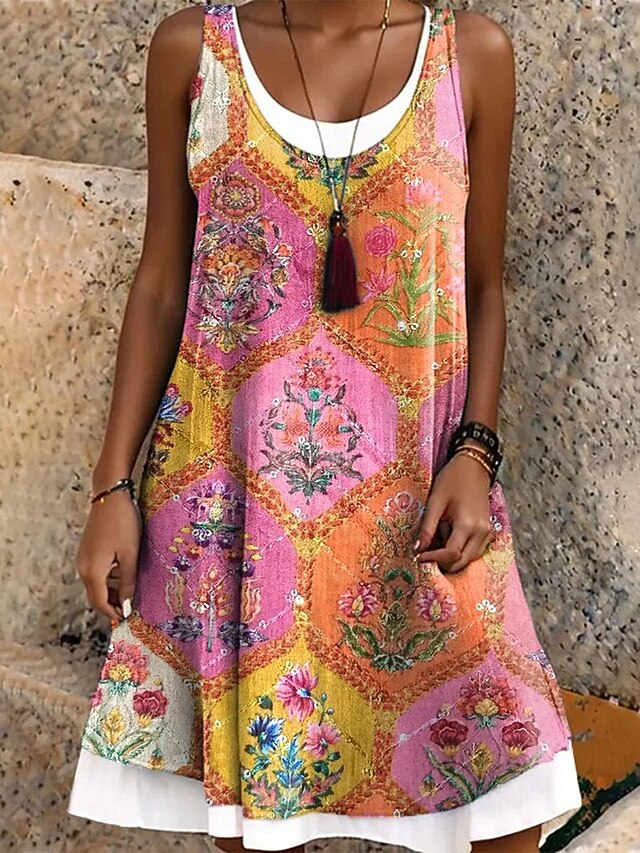 Women's Midi Dress Sundress A Line Dress Off The Shoulder Dress Vacation Casual Boho Daily Loose Fit Floral Graphic Paisley Sleeveless Crew Neck Orange Beige Summer Spring Fall3