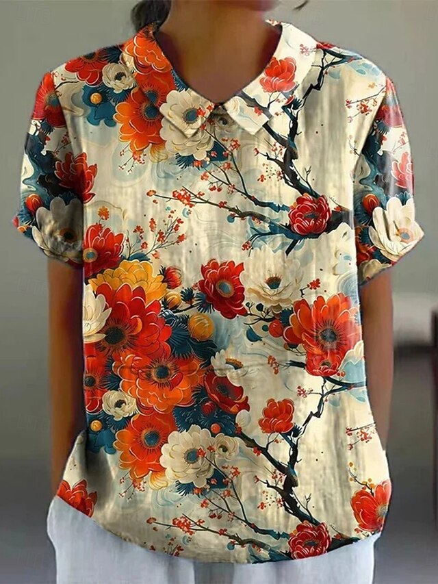 Women's Shirt Floral Daily Casual Short Sleeve Shirt Collar Regular Tops Daily Holiday Buttons Print Red Purple Summer Spring4