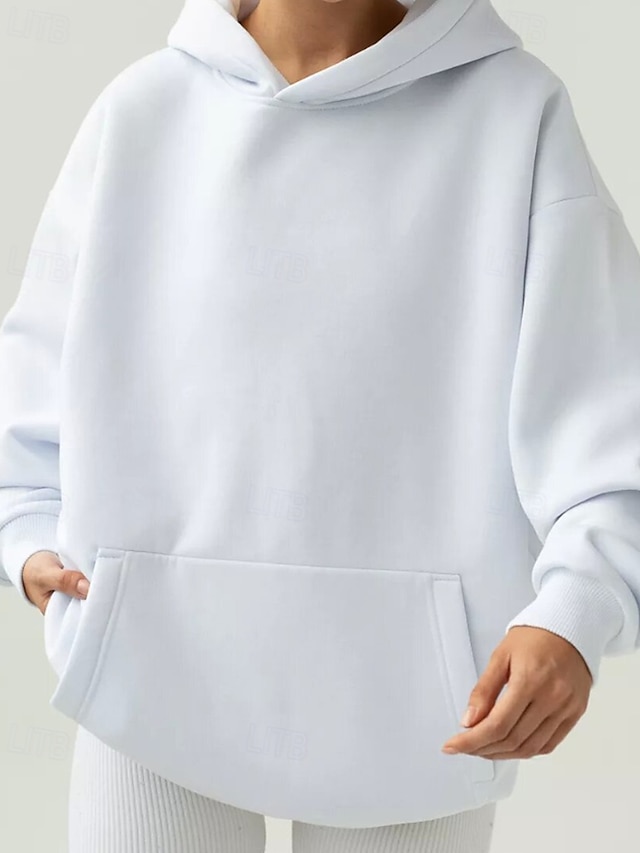  Mulheres Pulôver Moletom Com Capuz Tecido Roupa de rua Casual Manga Longa Com Capuz Tops regulares Rua Feriado Bolsos Preto Branco cáqui Outono Inverno