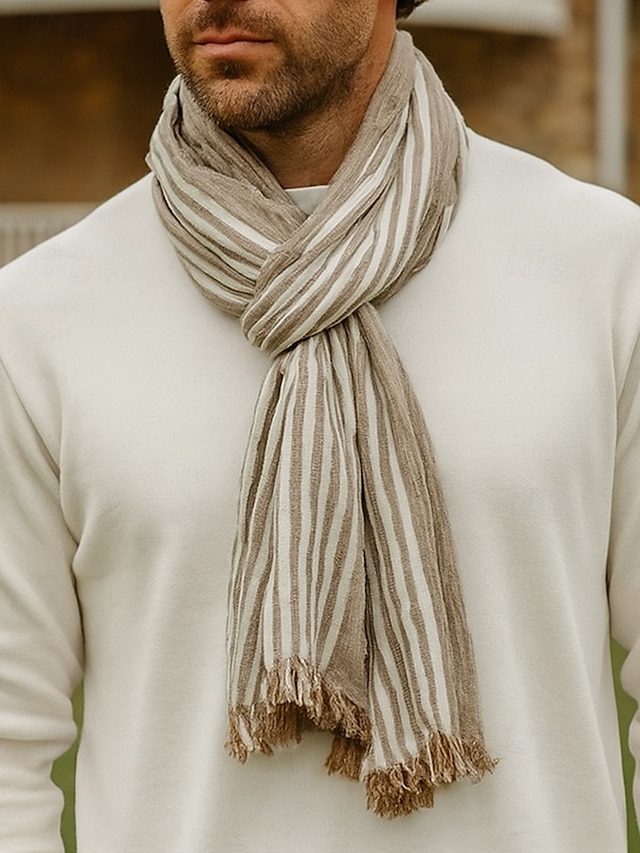  Men's Striped Cotton Scarf – Lightweight Soft Fringed Wrap for Fall & Winter, Casual Vintage Style Shawl for Travel, Daily Wear & Outdoor Activities