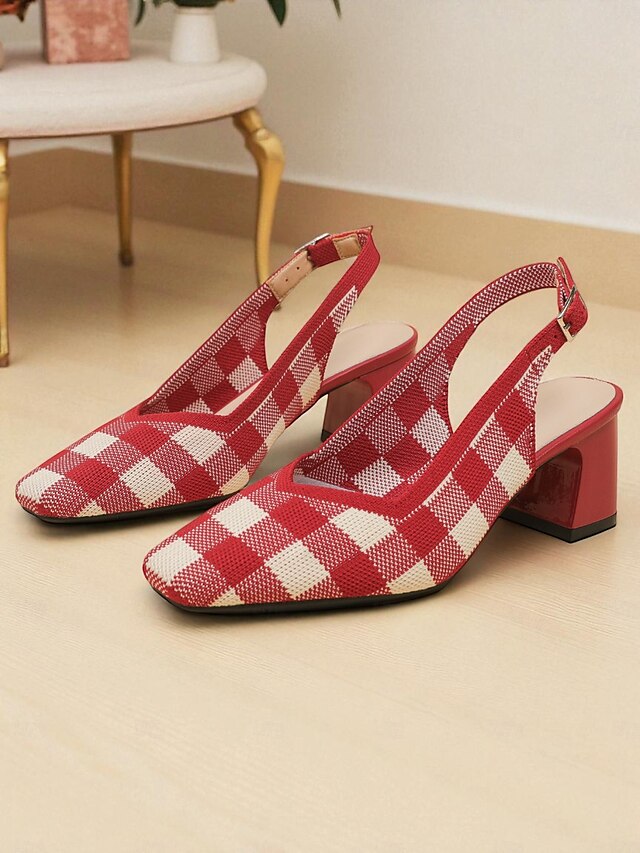  Women's Red Gingham Slingback Block Heel Pumps - Retro Style Knit Dress Shoes for Comfortable Walking, Casual Picnic, Summer Parties, and Daily Office Wear