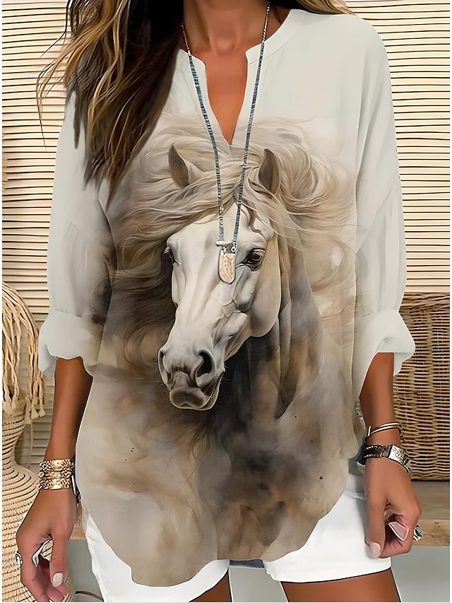  Femmes Hauts d'été Graphique Animal Damas ancien Tropical Hawaïen manche longue Col en V Hauts Réguliers Quotidien Fête Tenue de plage Imprimé Vert cendré Noir Gris Clair Été Printemps HORSE