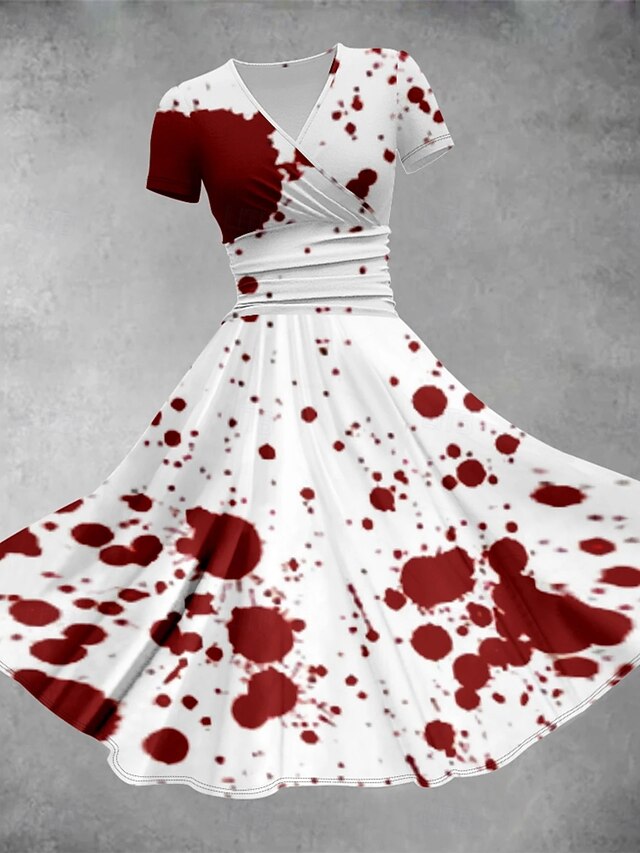Halloween Women's Bloodstain Print Midi Dress A Line Dress Summer Dress Fit And Flare Dress Party Casual Daily Holiday Regular Fit Graphic Abstract Short Sleeve V Neck White Red Gray Summer4