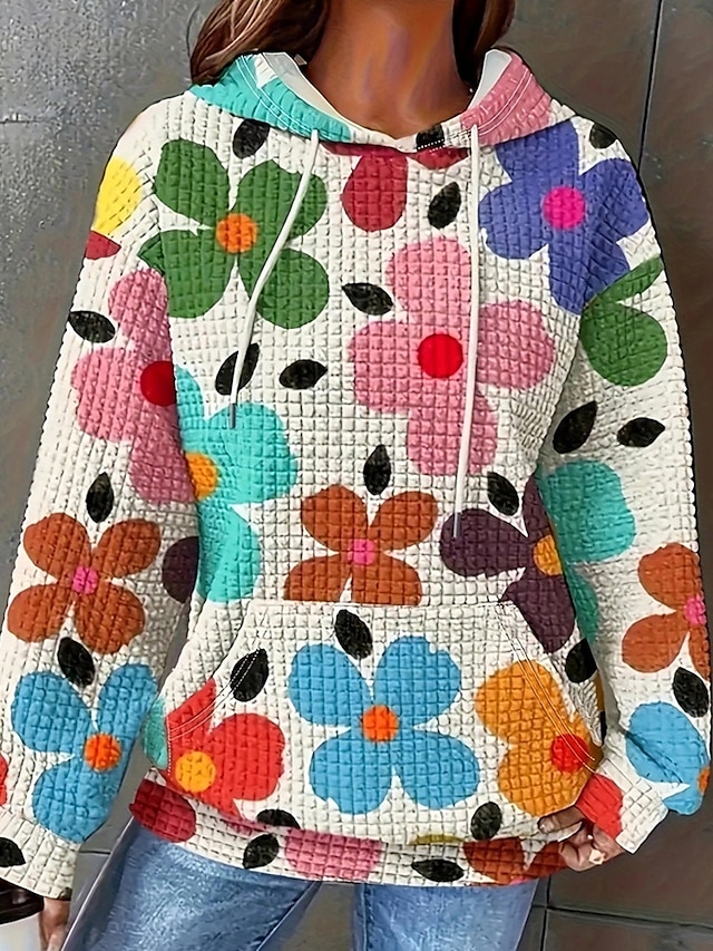  Femmes Sweat à capuche Fleuri Streetwear Occasionnel Confortable manche longue À capuche Hauts Réguliers Rue Fête Sortir Avec Poches Imprimé Blanche Bleu Violet Automne