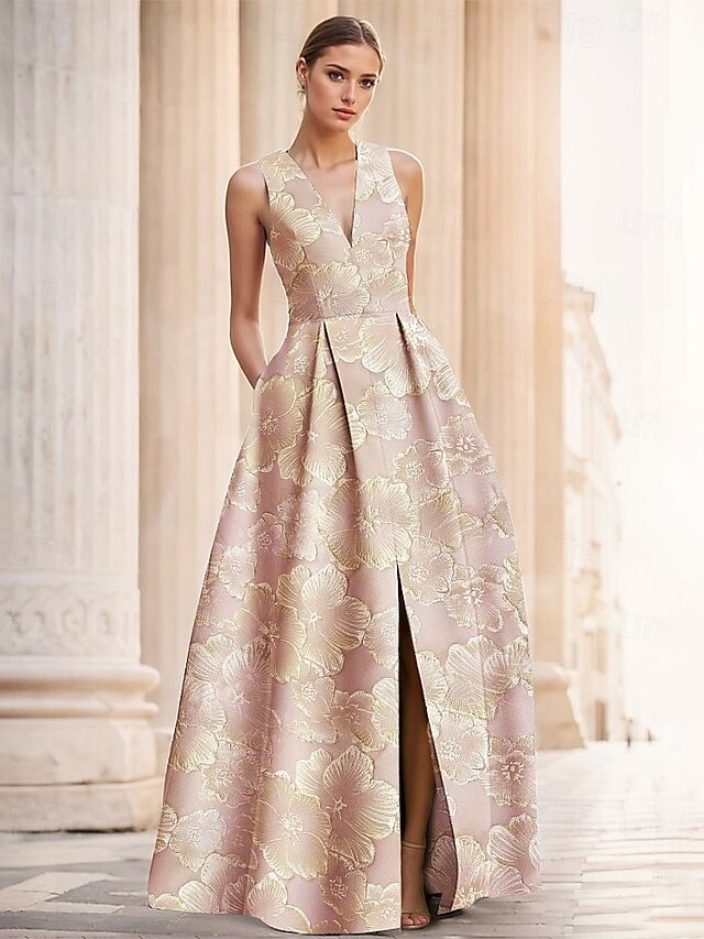 Jacquard Cap Sleeve V-Neck A-Line Floor-Length Evening Dresses with Flower
