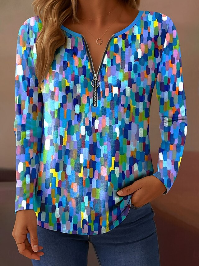  Femmes T-shirt A Ombre Graphique Abstrait Élégant ancien Classique manche longue Col en V Hauts Réguliers Quotidien Week-end Fermeture éclair Imprimé Rose Claire Bleu Orange Vert Printemps Automne