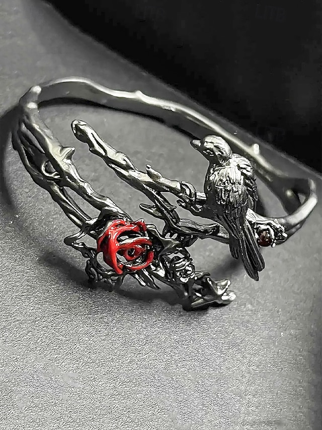 Bracelet gothique pour femme avec motif corbeau et rose - manchette ouverte réglable en alliage, bijoux vintage d'Halloween pour mascarade et cosplay