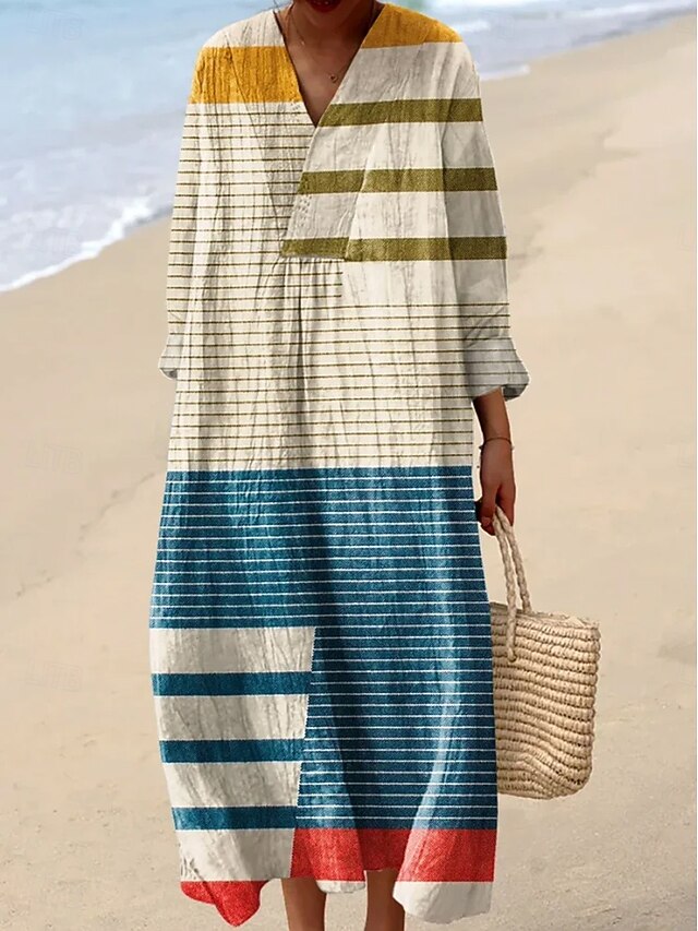 Women's Midi Dress V Neck Long Sleeve Kaftan Lightweight Loose Fit A Line Dress Casual Boho Going out Graphic Geometric Long Sleeve V Neck Pink Blue Green Fall4