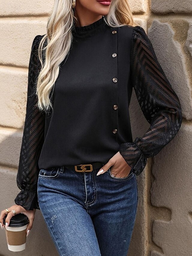  Per donna Camicia Semplice Elegante Moderno Manica Lunga Collo Alto Top Regolari Quotidiano Uscire Bottoni Rete Nero Primavera Autunno
