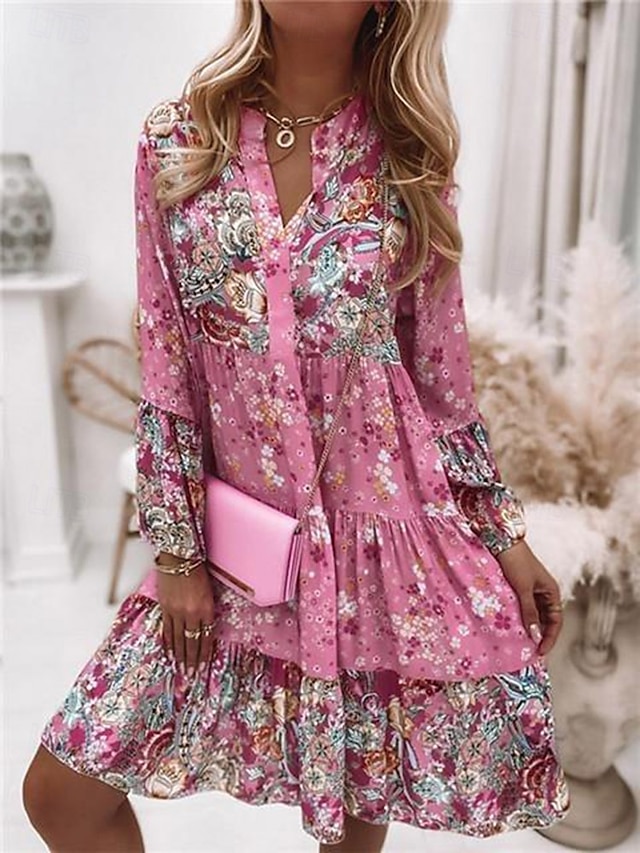  Mujer Mini vestido Vestido informal Vestido bohemio Vestido de primavera Vacaciones Ropa de calle Vacaciones Calle Festivos Ajuste regular Floral Manga Larga cuello partido Rosa Azul Piscina Verde