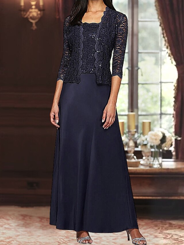  A-Linie Dreiteilig Brautmutterkleid Elegant Einfach luxuriös Quadrathals Bodenlang Satin Spitze Dreiviertelarm mit Spitze Paillette 2025
