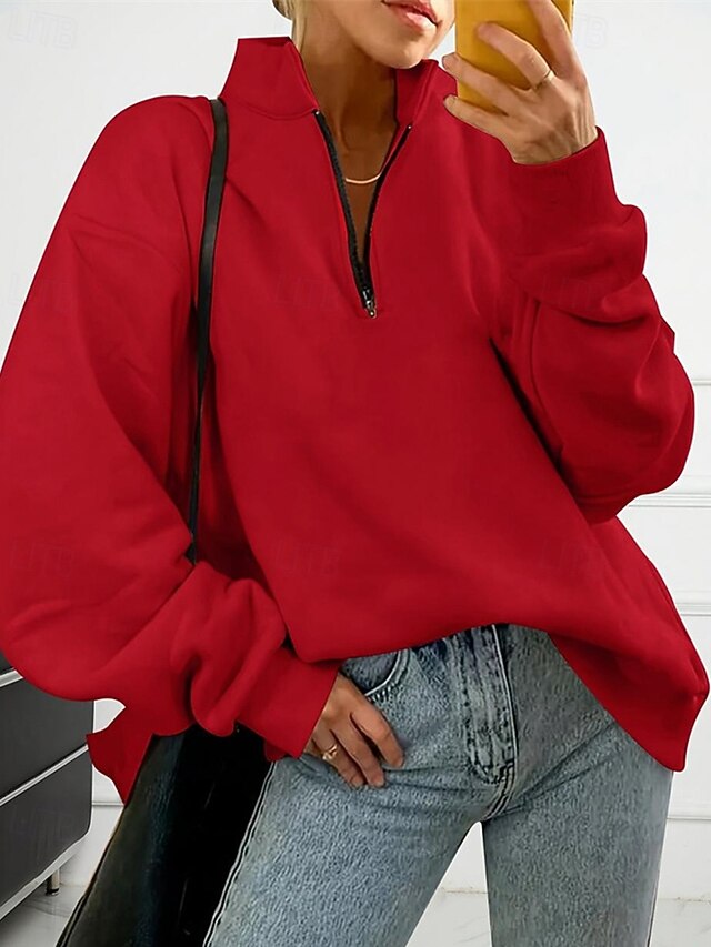 Women's Sweatshirts Zip Up Sweatshirts Plain Streetwear Casual Comfy Long Sleeve High Neck Regular Tops Street Holiday Going out Half Zipper Quarter Zipper Quarter Zip Red Fall Winter4