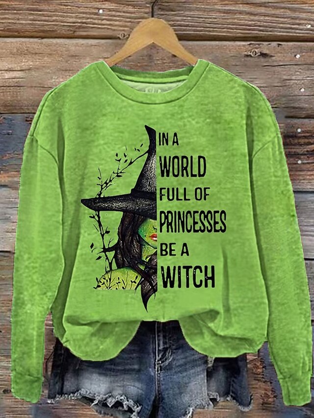 Halloween Women's Sweatshirts Witch Graphic Casual Long Sleeve Crew Neck Regular Tops Street Dailywear Casual Print Black White Green Spring Fall Winter4