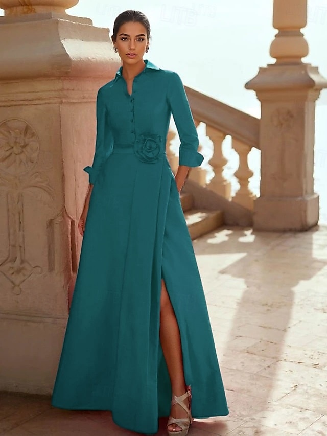  A-linje Aftonklänning Elegant Klänning Formell Bröllop Golvlängd 3/4 Längd Ärmar Skjortkrage Ficka Taffeta med Slits