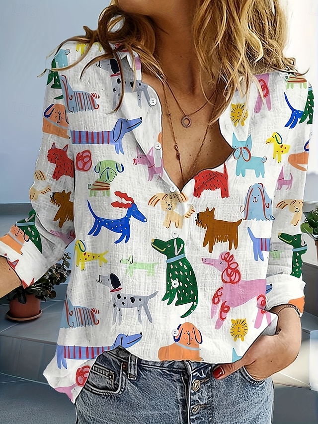  Femmes Chemise Graphique Animal ancien Élégant Occasionnel manche longue Col en V Col de chemise Hauts Réguliers Travail Quotidien Boutons Imprimé Noir et Blanc Noir Bleu Arc-en-ciel Printemps