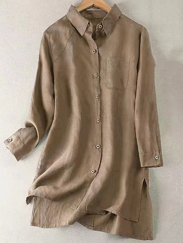  Femmes Chemises en coton et lin Couleur Unie Élégant Basique Occasionnel manche longue Col de chemise Hauts Longs Quotidien Boutons Blanche Vert Véronèse Kaki Été Automne