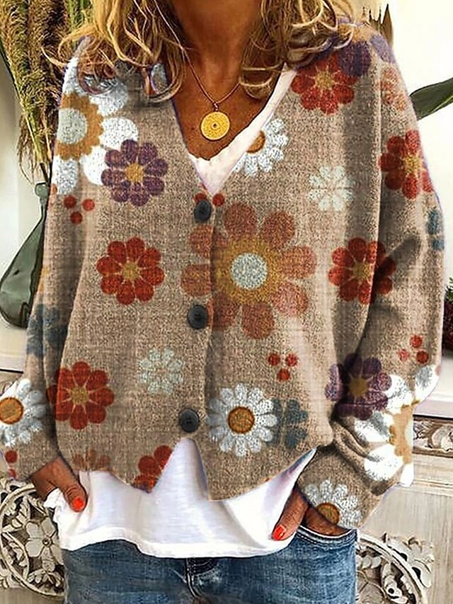  Damen Pullover Strickjacke Mode Streetwear Täglich Blumen Gerippt V Ausschnitt Gestrickt Druck Langarm Normale Oberteile Stricken Ferien Ausgehen Wochenende Braun Herbst Winter