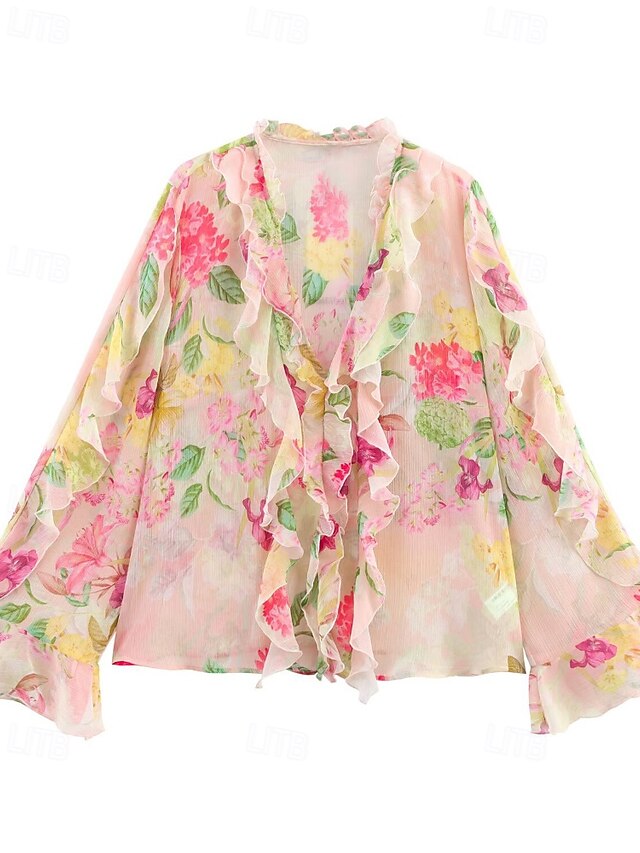  Dame Skjorte Bluse Blomsternål i krystall Stilfull Moderne Langermet V-hals Vanlige topper Ferie Ut på byen Trykt mønster Rosa Høst