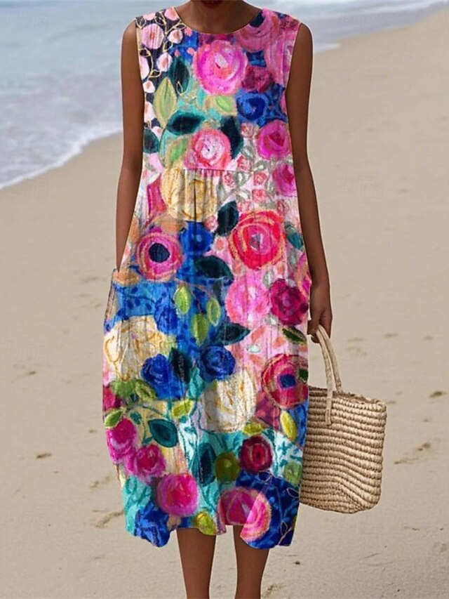 Women's Midi Dress Casual Dress Summer Dress Fashion Modern Daily Beach Weekend Regular Fit Flower Sleeveless Crew Neck Pink Fall4
