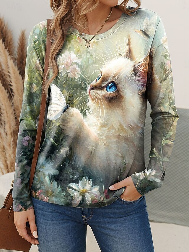 Women's T shirt Crew Neck Long Sleeve Tunic Floral Graphic Cat Vintage Stylish Classic  Round Neck Regular Tops Daily Weekend Print Green Spring Fall3
