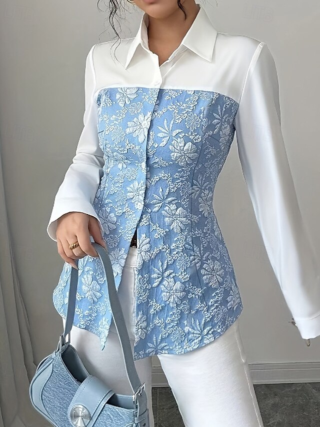  Per donna Camicia Blusa Fiore Elegante Moderno Manica Lunga Colletto a Camicia Top Regolari Ferie Uscire Patchwork Stampato Azzurro cielo Autunno