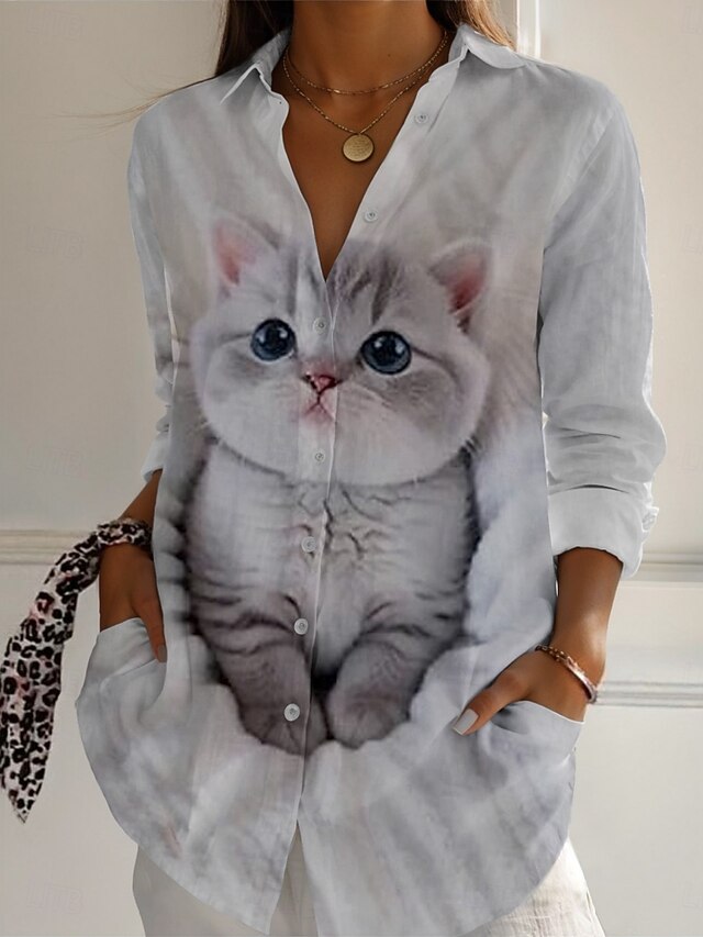 Women's Shirt Cat Active Daily Stylish Long Sleeve Shirt Collar Regular Tops Daily Holiday Buttons Print Gray Spring Fall4