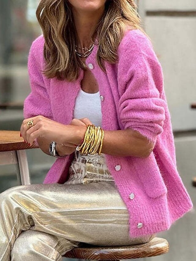 Women's Cardigan Vintage Daily Vintage Style Pure Color Ribbed Crew Neck Buttons Knitted Long Sleeve Regular Tops Knit Outdoor Daily Purple Apricot Fall Winter4