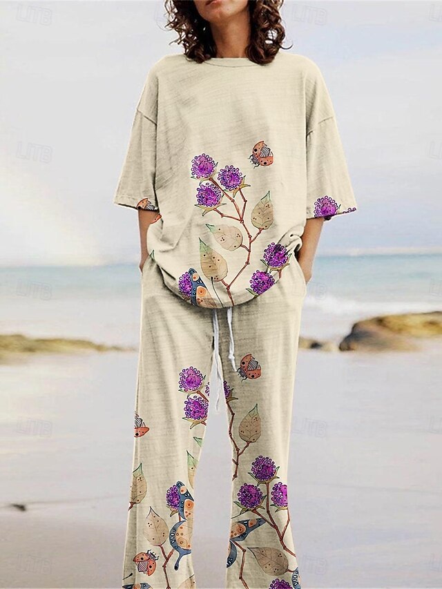 Women's Active Fashion Pants Sets 3/4 Length Sleeve Crew Neck Floral Print Vacation Daily Holiday Khaki Summer Regular Fit4