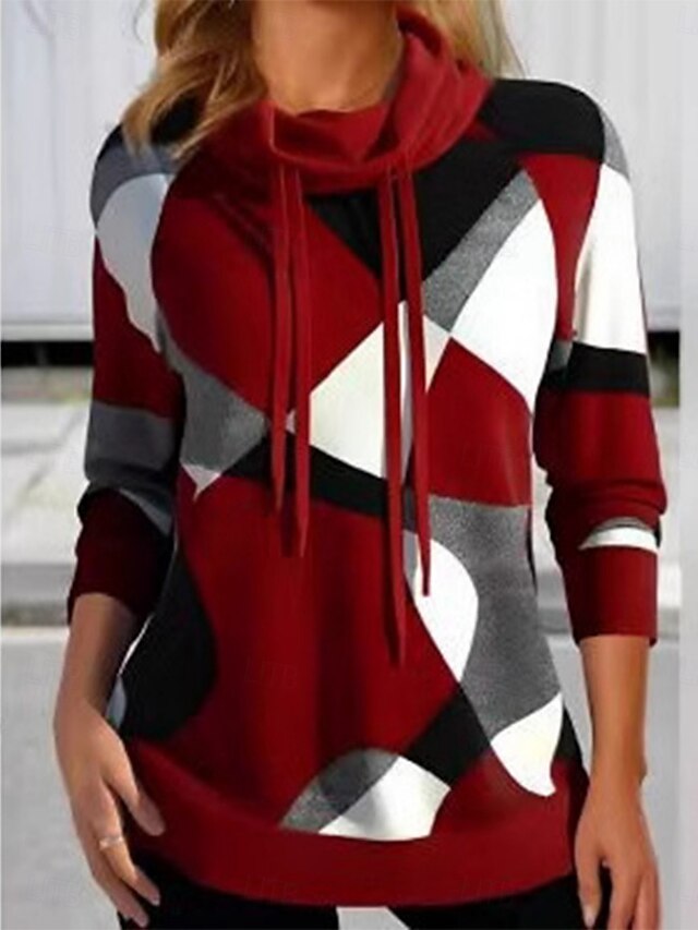 Women's Pullover Sweatshirt Geometric Casual Long Sleeve Turtleneck Regular Tops Street Dailywear Print Red Blue Gray Fall Winter4