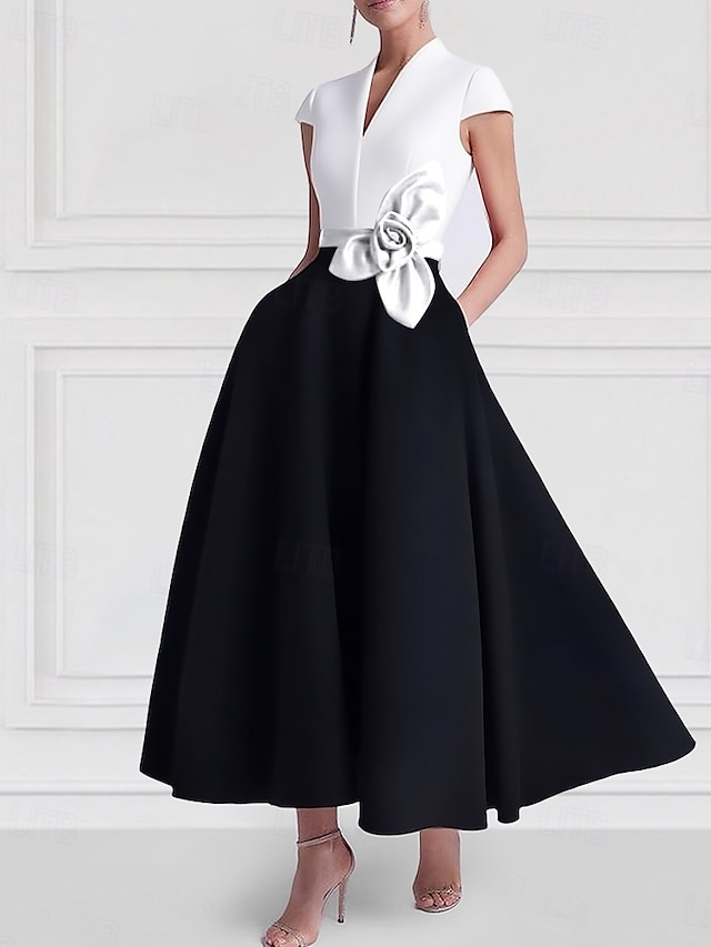  А-силуэт До щиколотки коктейльные платья Платья для вечеринок Элегантный стиль Цветовые блоки Шелковистость С короткими рукавами V-образный вырез Официальные Свадьба Карман Сатин с Карман