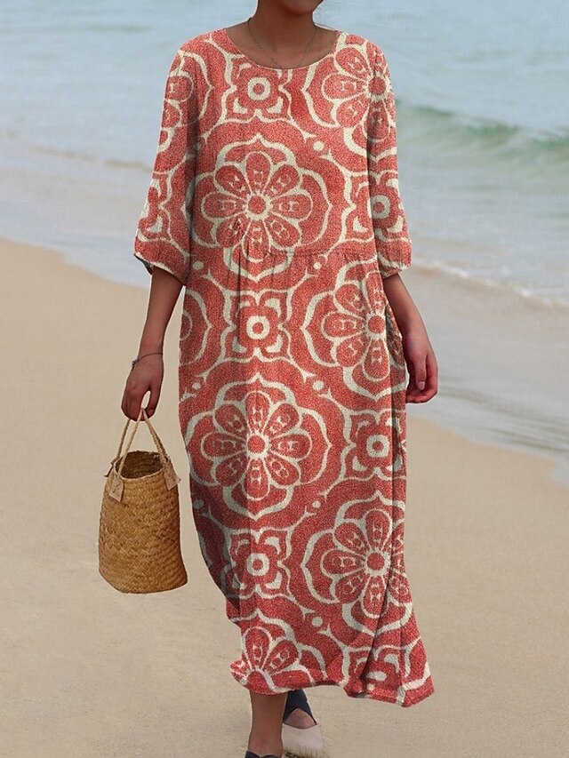 Women's Midi Dress Casual Dress Print Dress Vintage African Daily Beach Weekend Regular Fit Floral Graphic 3/4 Length Sleeve Crew Neck Yellow Red Orange Spring Fall Autumn4